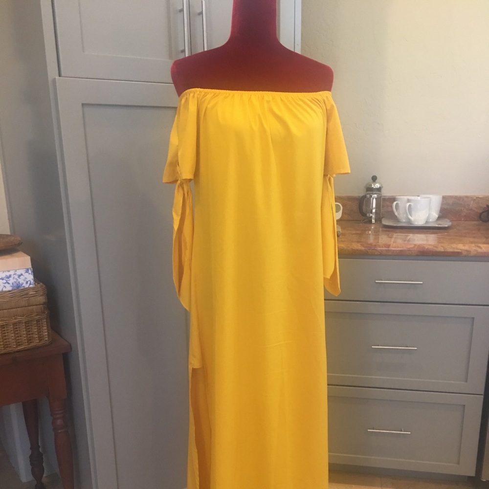 Sunflower yellow off shoulder tie slit maxi